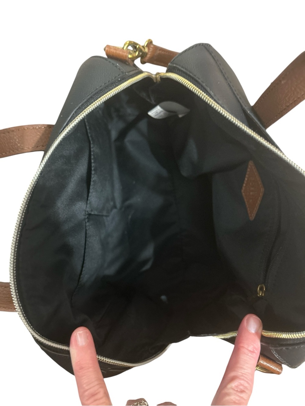 Fossil Black & Brown Leather Satchel Crossbody Bag Zip Top Dual Handle Purse - Picture 5 of 6